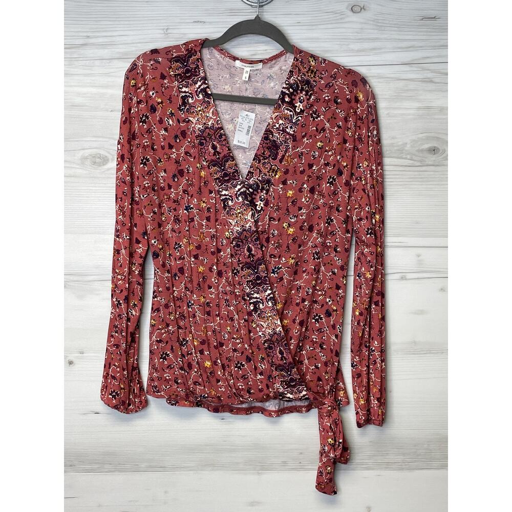 Maurices Wrap Blouse Womens Small Floral Print Long Sleeve Tie Waist Lightweight